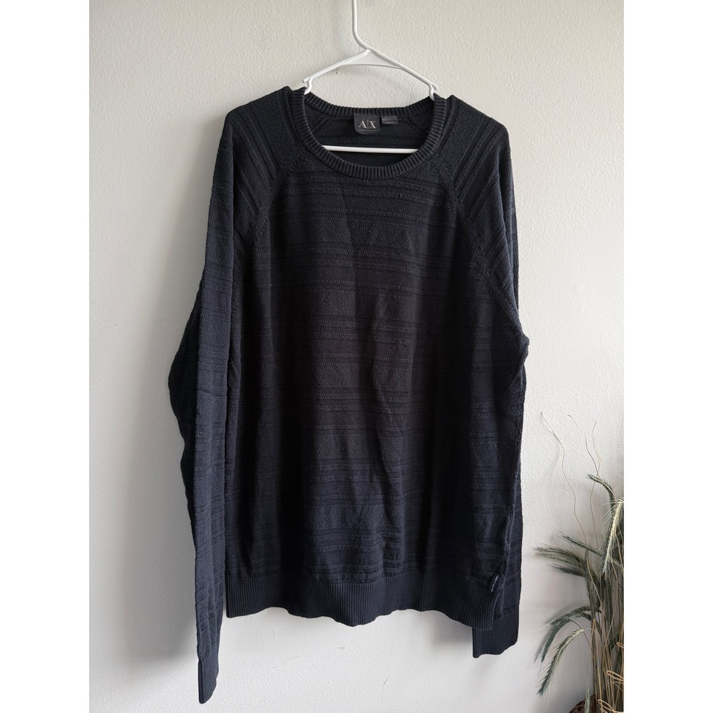 Armani Exchange Mens XXL Navy Blue Textured Knit Cotton Blend Crewneck Sweater